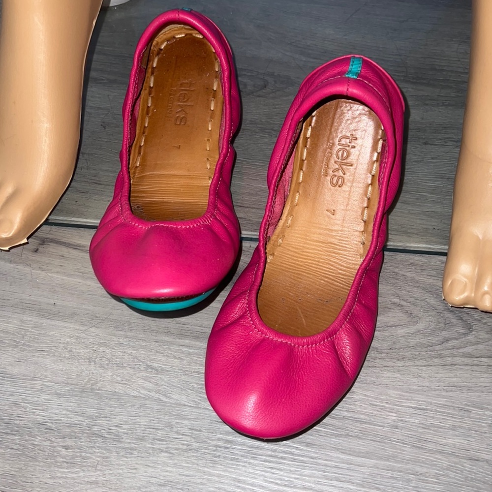 Fuschia pink ballet flats Tieks blue stripe teal stripe leather designer